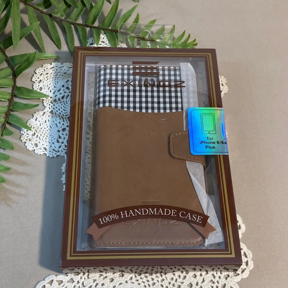 Handmade Leather iPhone 6/6s Plus Case Brown Black White Checkered Detail New